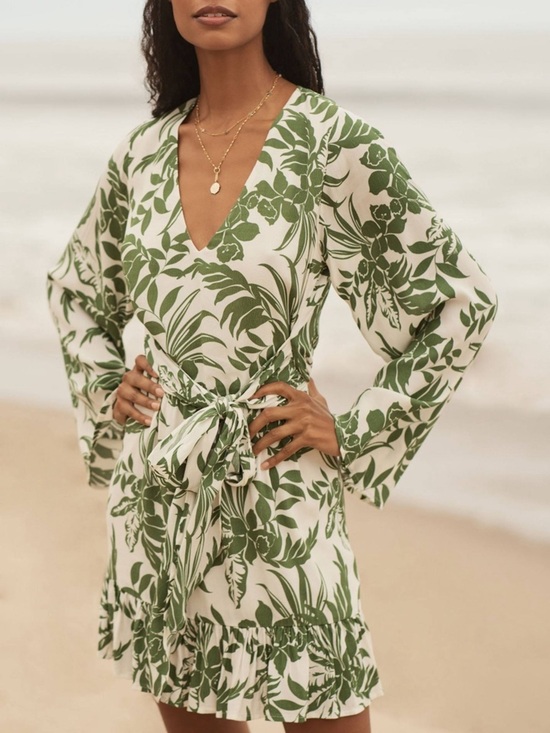 l*space Dresses & Skirts - L*SPACE Geneva Green White Floral tie waist bell sleeves mini Dress size S